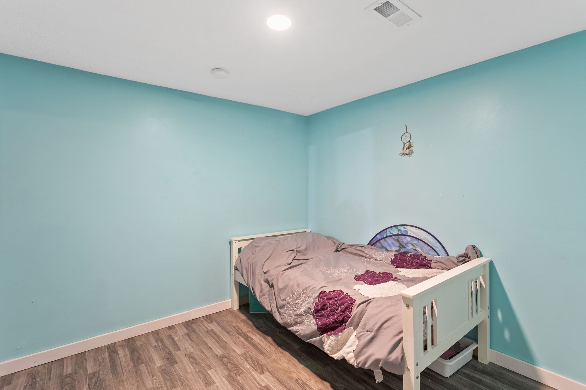 Basement bedroom with teal walls, vinyl flooring, and daybed