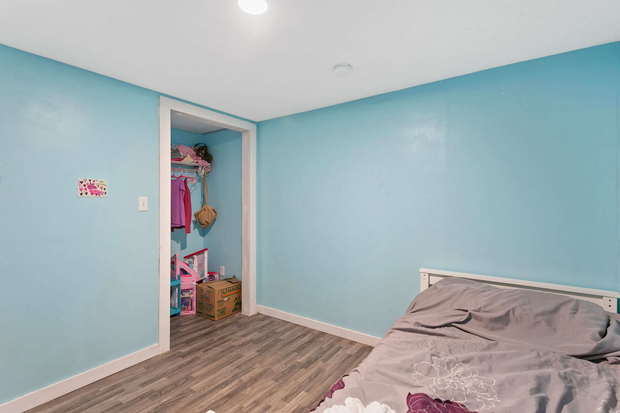 Basement bedroom with light blue walls, wood-look flooring, and open closet space with toys and clothing.